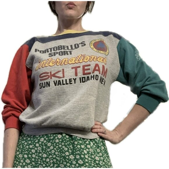 90s Boxy Colorblock Ski Team Grey Heather Sweatshirt Women’s M - Picture 1 of 7